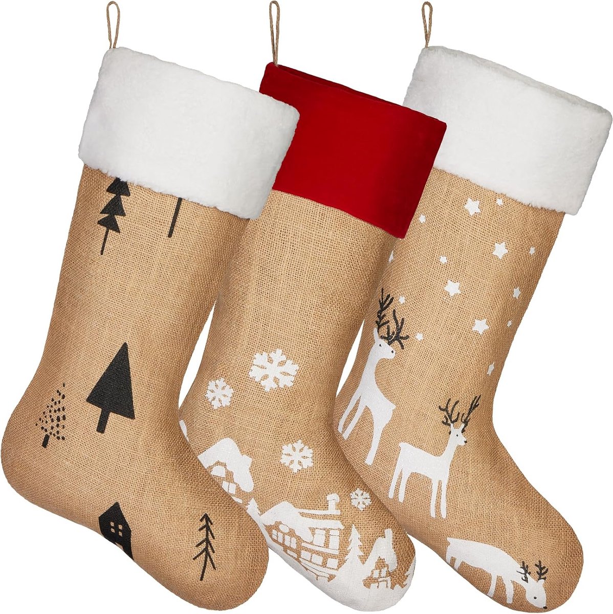 BRUBAKER Kerstkousen Set van 3 stuks - 52 cm - Kerstversiering - Kerstdecoratie - Christmas Stocking - Kerstsokken van Jute in Kerstdessins - Kerstdorp, Dennenbomen en Rendieren