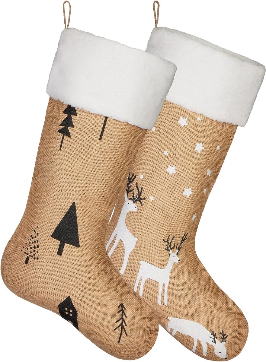 BRUBAKER Kerststocking Set van 2 stuks - 52 cm - Kerstversiering - Kerstdecoratie - Christmas Stocking - Kerstsokken van Jute in Kerstdessins - Dennenbomen en Rendieren