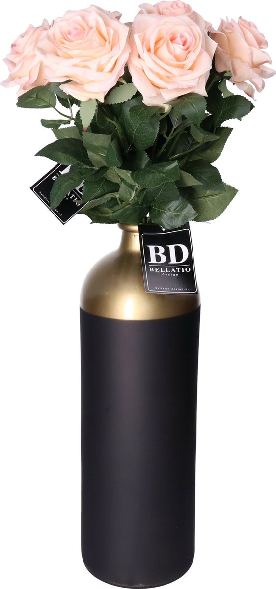 Bellatio Design Kunstbloem Roos Dijon - 8x - 64 cm - lichtroze - zijde kunstbloemen - Boeket - stelen - rozen
