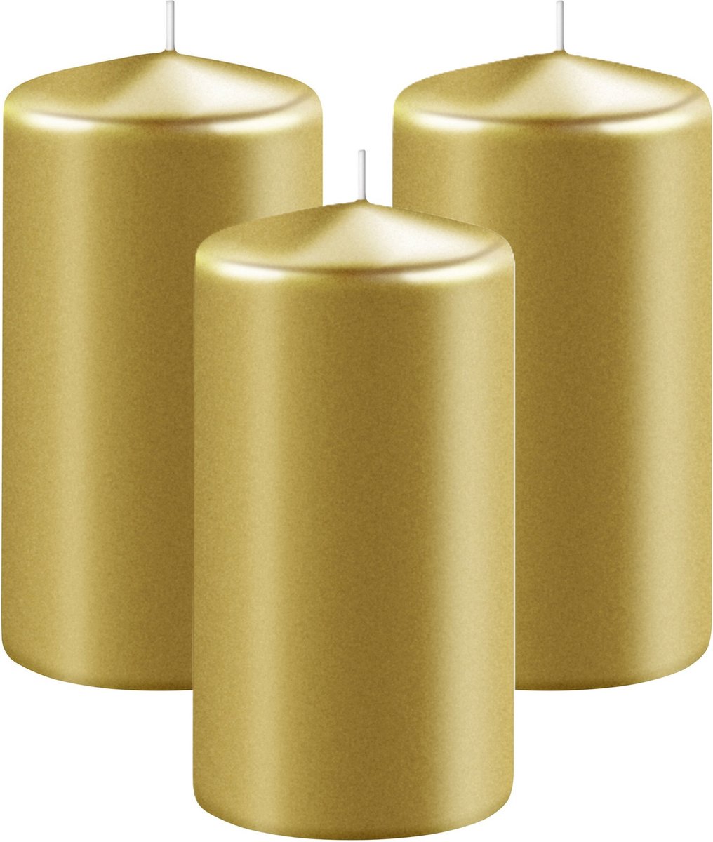 Enlightening Candles Cilinderkaars/stompkaars - 3x - goud - D6 x H15 cm - 58 branduren - Dikke kaarsen - Voor kandelaar of plateau Goudkleurig