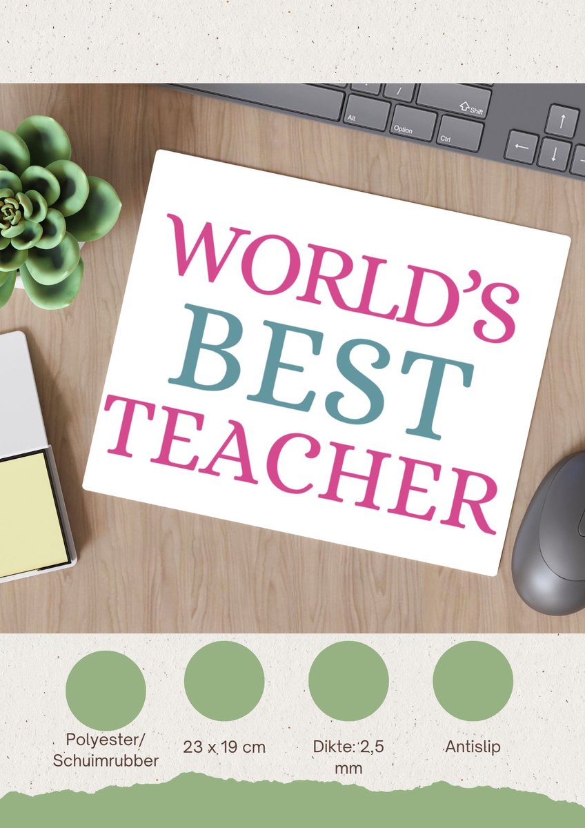 Akyol - world's best teacher Muismat - Juf - beste juf - school - verjaardagscadeau - afscheidscadeau - kado - 23 bij 19 cm