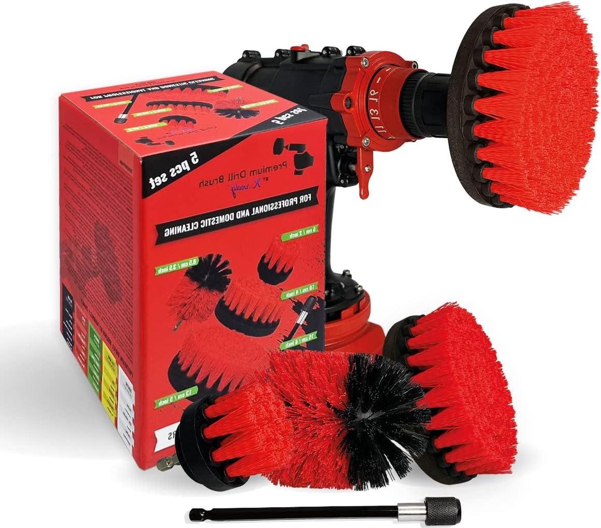 Goedkoopste Premium Boorborstel stijf rood 5st.SET - Voor garage, baksteen, buitentegels - Professionele Power Scrubbers