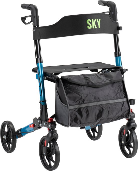 Sky - Lichtgewicht rollator - Blauw - Dubbel opvouwbaar - Met stokhouder, tas en rugband