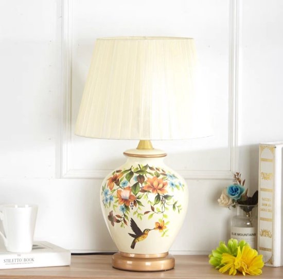 Fine Asianliving Chinese Tafellamp Porselein Wit Kolibrie Handgemaakt - Corinne D30xH48cm