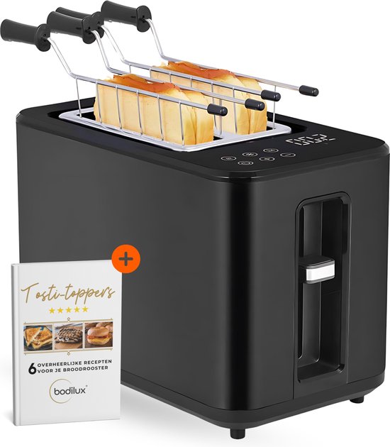 Bodilux® Broodrooster met Tostiklemmen - Tosti apparaat - Brede Sleuven - Toaster - 7 bruiningniveaus - Sandwichfunctie - Roestvrijstaal - Zwart - Geschikt Voor Tosti's