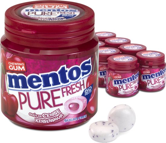 Mentos Pure Fresh kersensmaak suikervrije kauwgom in rode pot met kersenillustratie, met 50 stuks.