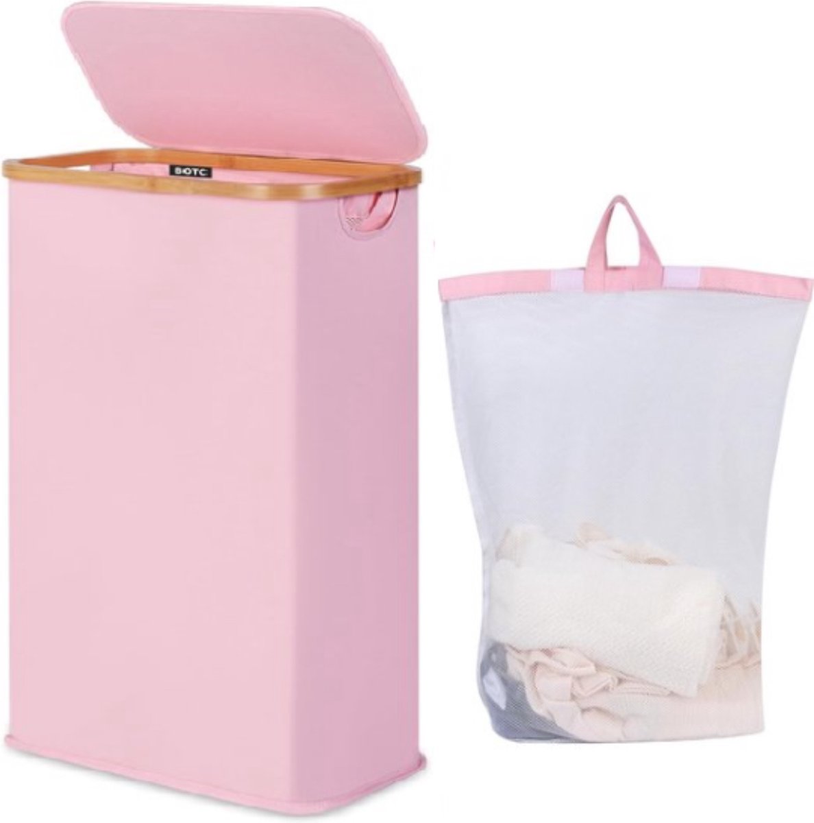 Goedkoopste BOTC Wasmand - Wassorteerder - 105L Capaciteit - Bamboe Wasmand met Deksel - 73 44 33cm - Roze