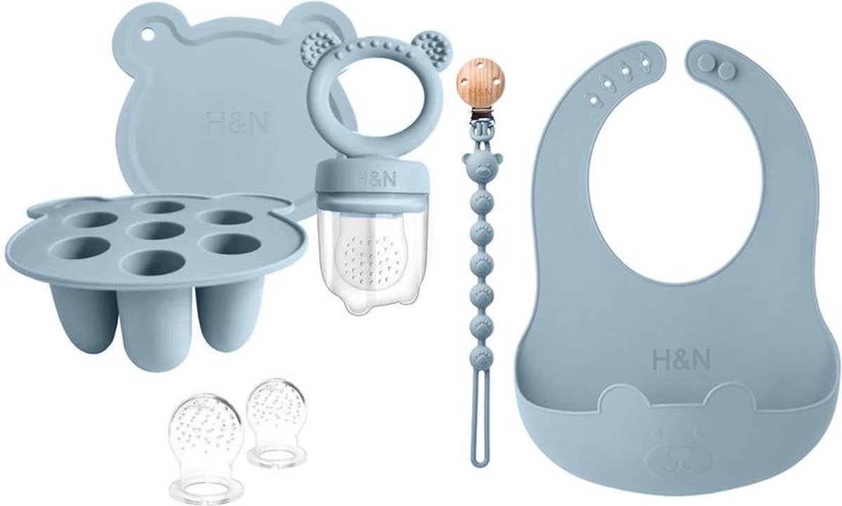Goedkoopste Baby Voedingsspeen Set - Siliconen Voedingsspeen met vriesbakken en een slabbetje, fopspeenclip (Blauw