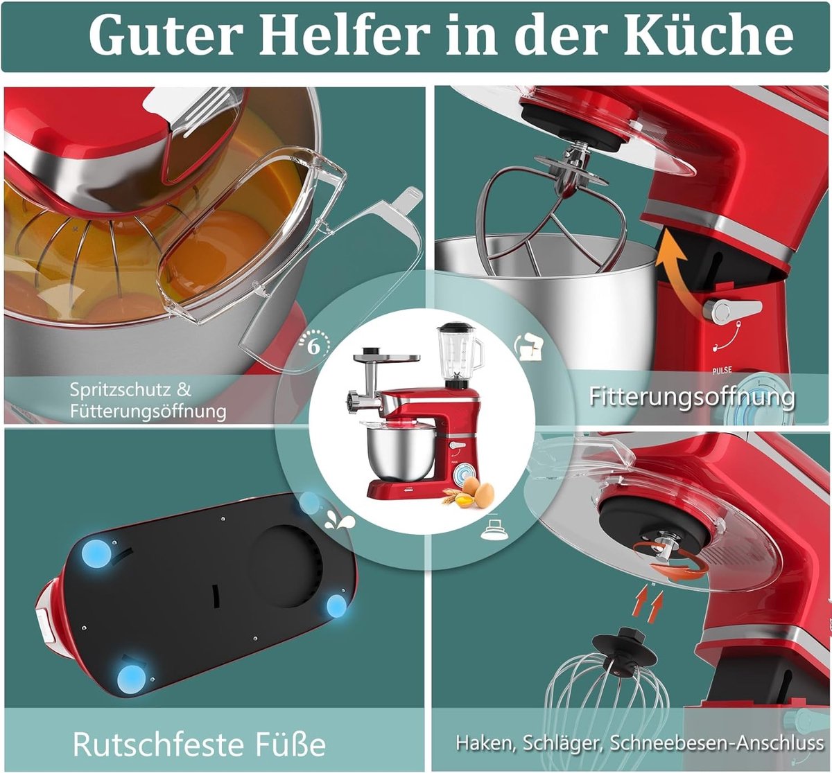 Royalty Line® PKM1900BG 3 in 1 Keukenmachine - 6.5 L Keukenrobot - 1900W Foodprocessor - Keukenmixer Met Blender & Vleesmolen - Rood — afbeelding 6