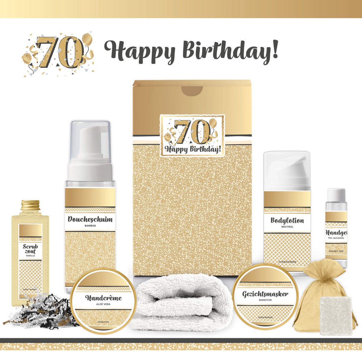 Goedkoopste Geschenkset “70 Jaar Happy Birthday!” - 8 producten - 680 gram | Cadeau vrouw - Giftset voor haar - Luxe wellness cadeaubox - Gefeliciteerd - Set Verjaardag - Geschenk jarige - Cadeaupakket moeder - Vriendin - Zus - Oma - Verjaardagscadeau - Goud