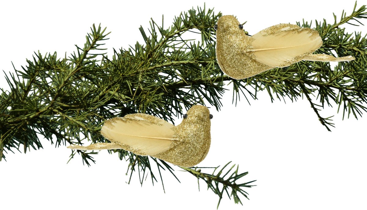 Decoris kerstboomversiering vogels op clip - 2x st - goud - foam - 11 cm Goudkleurig