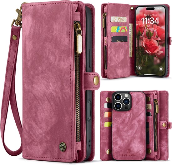 Foto: Geschikt voor iphone 16 pro hoesje solidenz wallet case 16 pro telefoonhoesje 16 pro 16 pro case met pasjeshouder met ritsvak met polskoord portemonee hoes rood