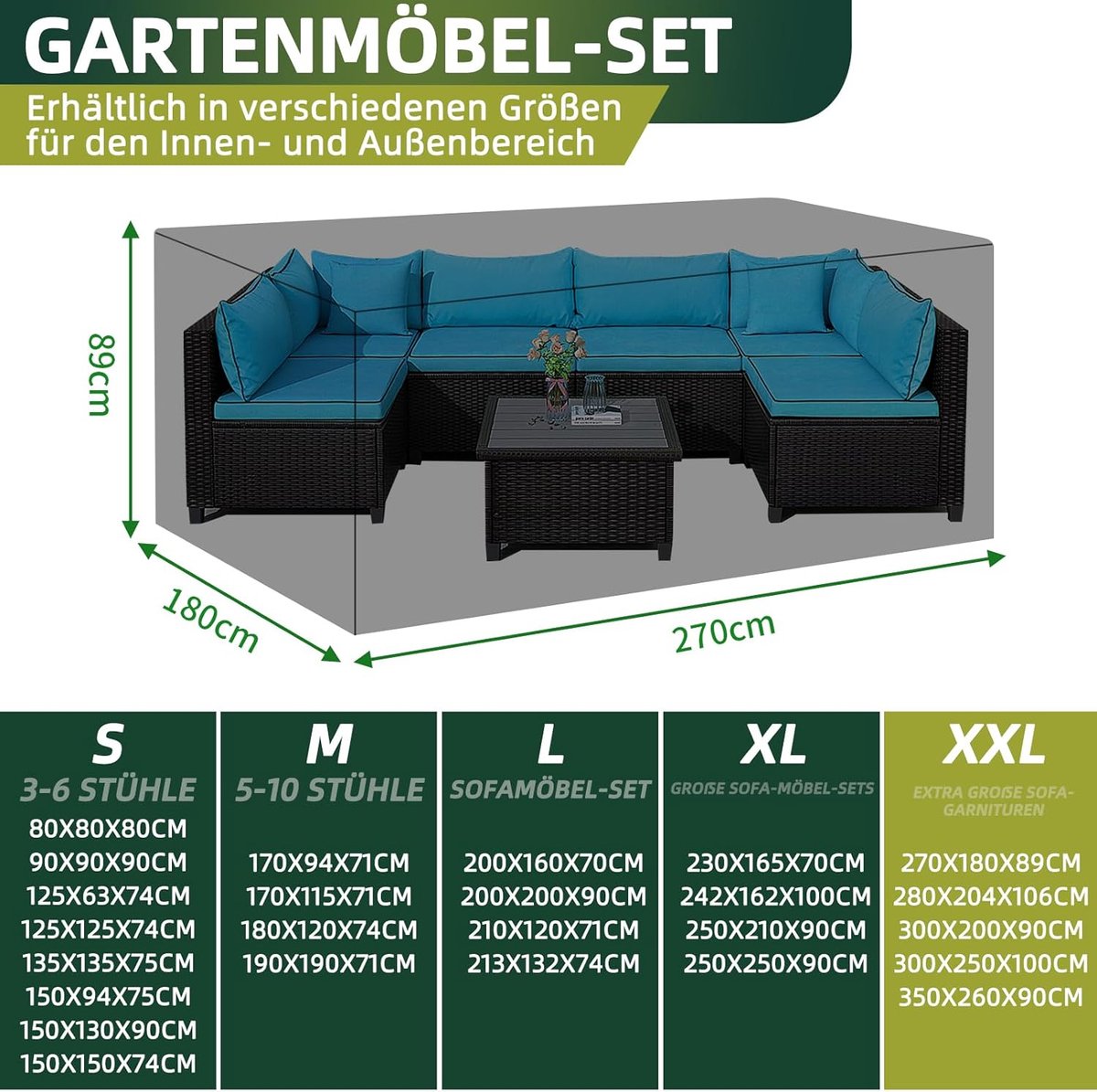 Housse De Protection Pour Salon De Jardin - Tissu Oxford 420D Imperméable | Dimensions 270x90x70cm | Avec Cordon Et Sangles De Fixation