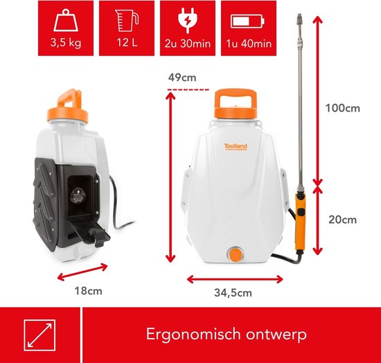 Toolland Drukspuit/Rugspuit, elektrisch, herlaadbare batterij, telescopische lans, regelbare sproeikop, gewatteerde schouderriemen, 12 liter, wit/oranje/zwart van Merkloos	 — afbeelding 3