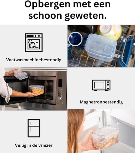 Collage van iconen en afbeeldingen die voorraadbakken in een vaatwasser, magnetron en vriezer tonen.