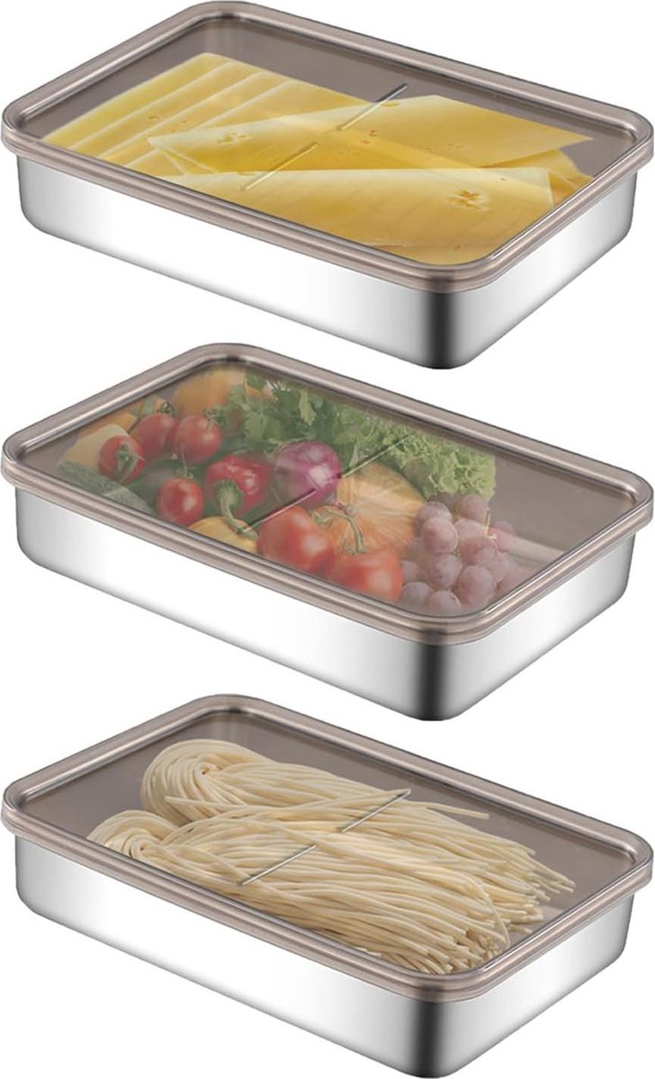 Set van 3 vleeswarendozen - vriescontainers - voedselopbergdoos - stapelbare roestvrijstalen doos - vaatwasser vriezer - kaas vlees opslag kaasstolp