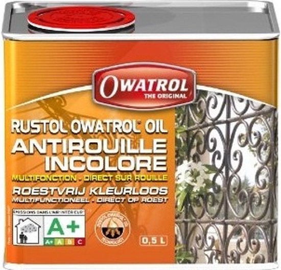 Owatrol Rustol-Owatrol Oil antiroest, incolore, multifunctioneel, 0,5L. Oranje blik met afbeelding van smeedijzeren hek en energielabel A+.