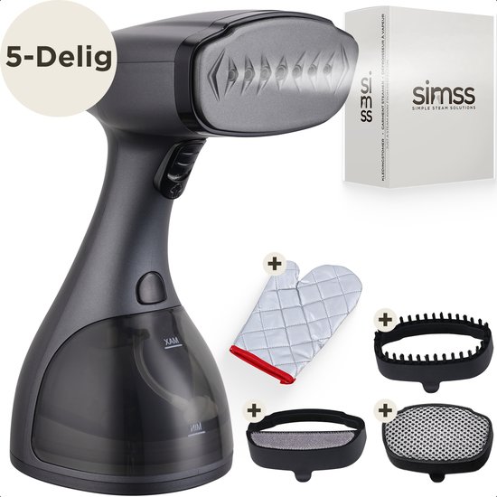 Simss® - Kledingstomer - Krachtige Handstomer voor Kleding en Meubilair - Stoomapparaat met 3 Opzetborstels - Snelle opwarmtijd - Inclusief Warmtebestendige Handschoen - 1500W - 300ml - Steamer - Elegant design - Mat - Grijs