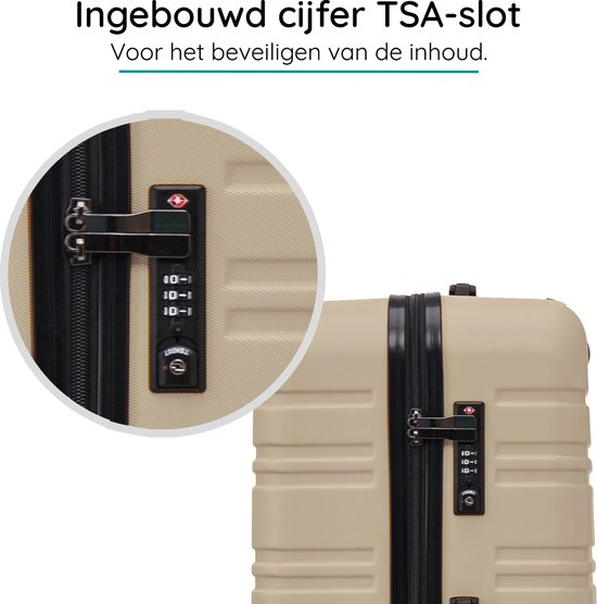 Ingesloten detail van het TSA-combinatieslot op een beige koffer.
