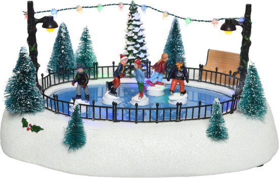 Lumineo kerstdorp - kerst tafereel - schaatsbaan - beweging en licht - 27 cm