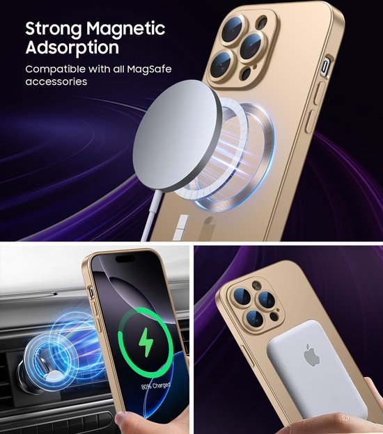 Demonstratie van MagSafe magnetische adsorptie met gouden iPhone 16 Pro Max hoes en accessoires.
