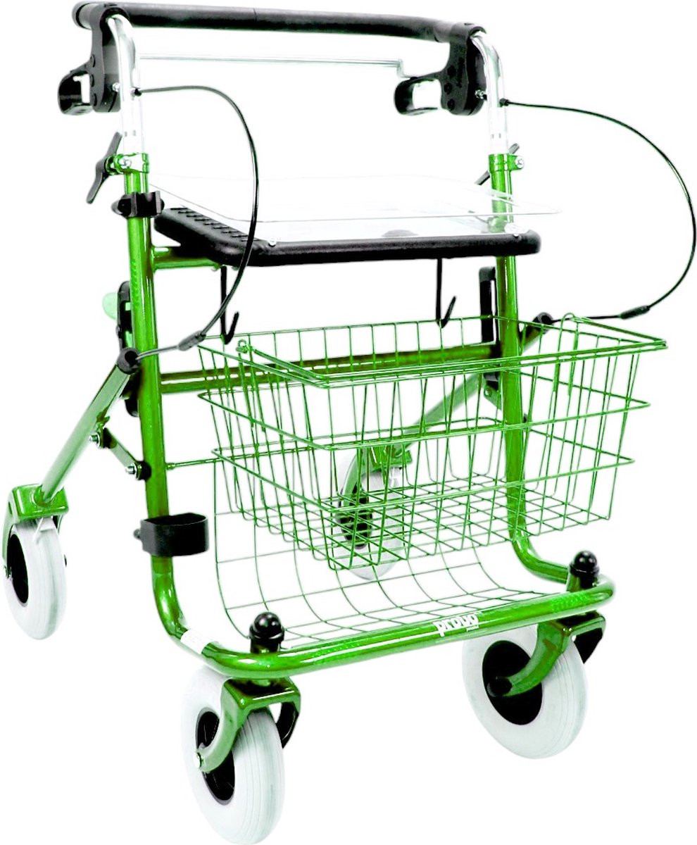 Goedkoopste Premis Provo Rollator 2e generatie - Duwstang met beugel-loop-rem onder - Incl mand, stokhouder en dienblad - Appel Groen