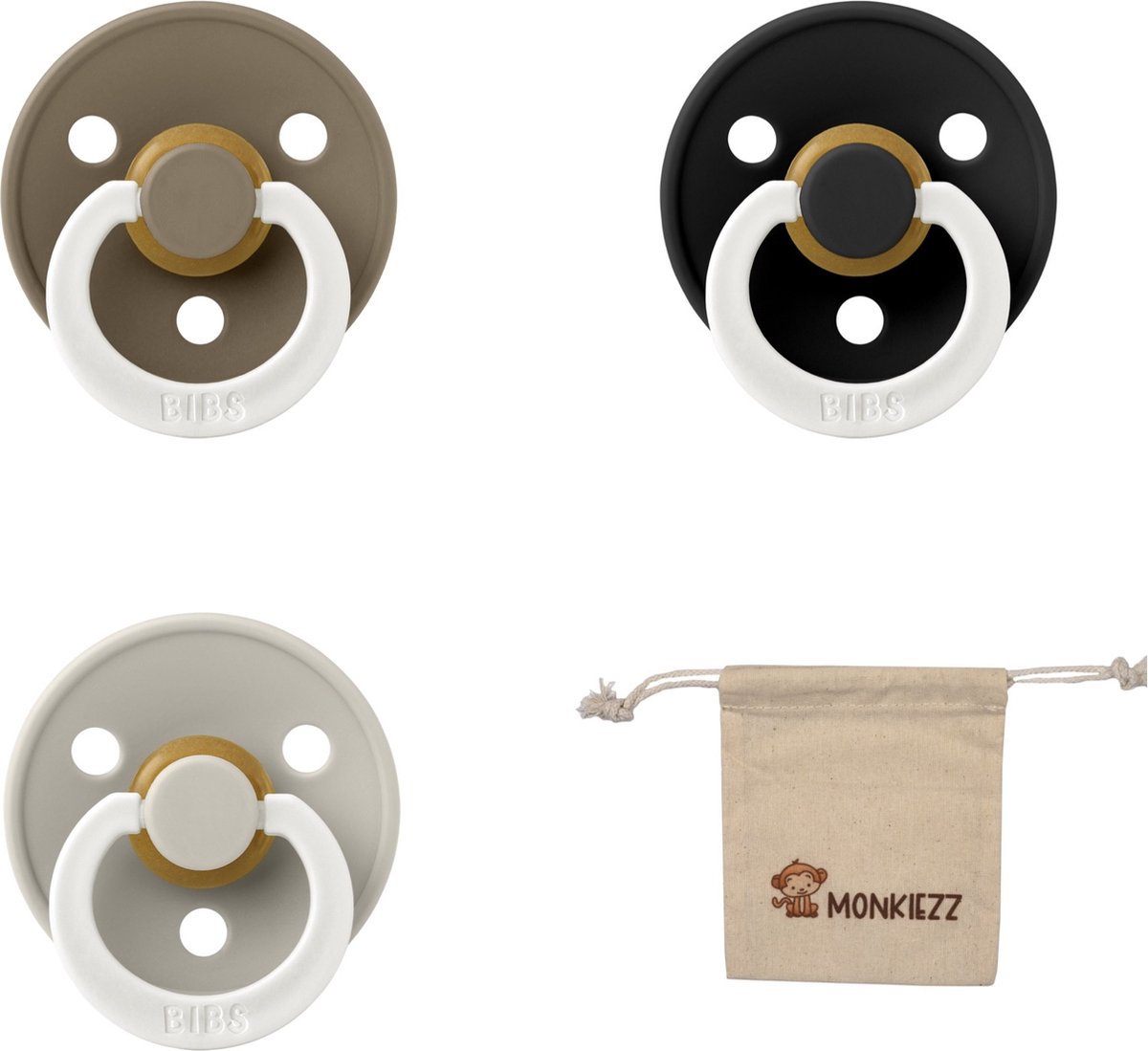 Goedkoopste Bibs fopspeen - maat 1 0-6 maanden - 3 stuks – Glow Sand – Glow Black – Glow Dark oak Monkiezz speenzakje