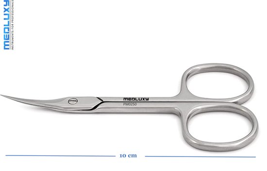 Gebogen nagelriemschaar van MEDLUXY, 10 cm, spits en scherp puntig, zilverkleurig metaal.