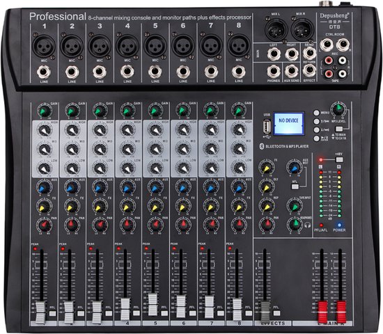 Foto: Dt8 professionele mixer soundboard console 8 kanaals desktop systeem interface digitale usb computer mp3 ingang 48v fantoomvoeding zwart