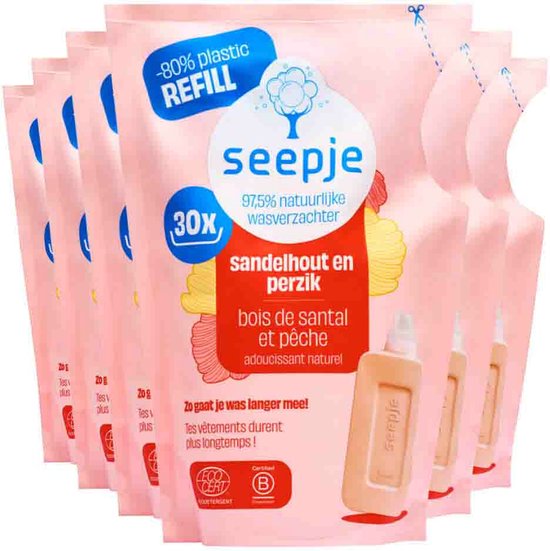 Seepje Wasverzachter Navulling Sandelhout en Perzik 30 Wasbeurten - 6 x 750 ml - Voordeelverpakking