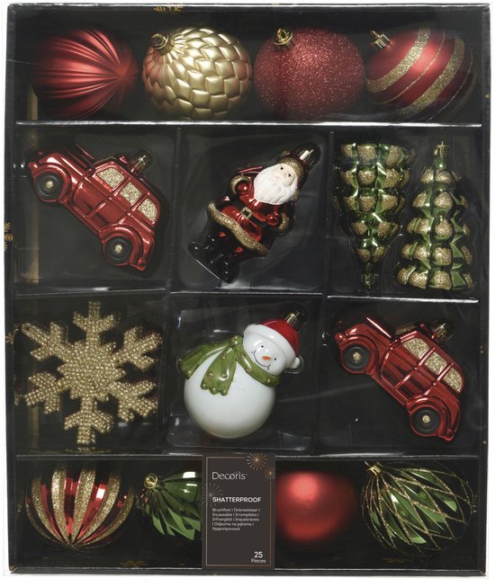 Decoris kunststof kerstbal mix figuren multi 25 stuks