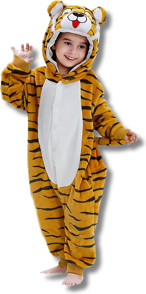 BoefieBoef Dieren Onesie Verkleedkleding Kinderen 5-9 jaar – Comfortabele Kostuum Pyjama – Maat 120 tot 140 – Dierenpak voor Jongens en Meisjes – Feest, Carnaval Verkleedkleding - Kerst, Dierenpak - of Verjaardag Cadeau - Tijger Oranje