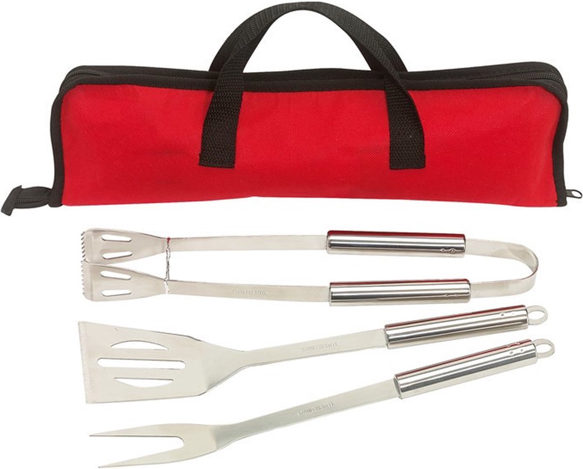 Barbecue gereedschap set met draagtas - RVS - 4-delig - BBQ spatel/vleesvork/tang