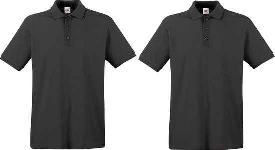 Twee identieke donkergrijze herenpoloshirts van katoen met korte mouwen.