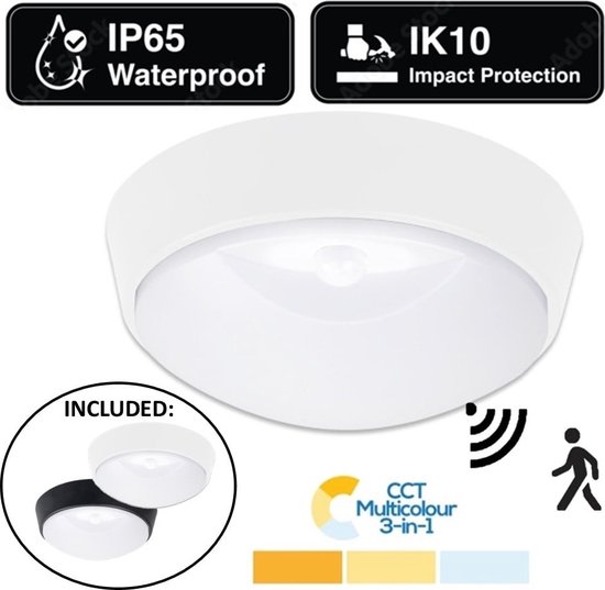 LED Plafonniere / LED Portiek Rond | 10w met PIR Bewegingssensor | 1100 Lumen | CCT Instelbaar | 213x120mm | IK10 | IP65 | Incl. Wit en Zwart Bezel
