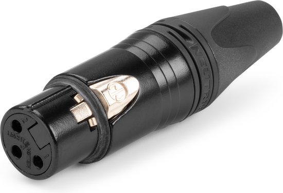Zwarte Neutrik XLR female connector met zilveren contacten en sluitclip.
