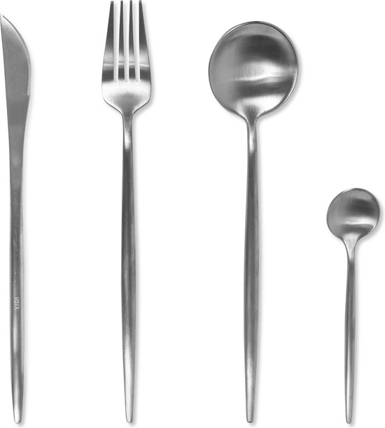 VIDI FERRO Bestekset 6 persoons – serviesset 6 persoon – luxe bestek 24-delig – lepels, vorken, messen, theelepels – Hoogwaardig roestvrij staal / RVS – Vaatwasserbestendig -Zilver – Polished Steel