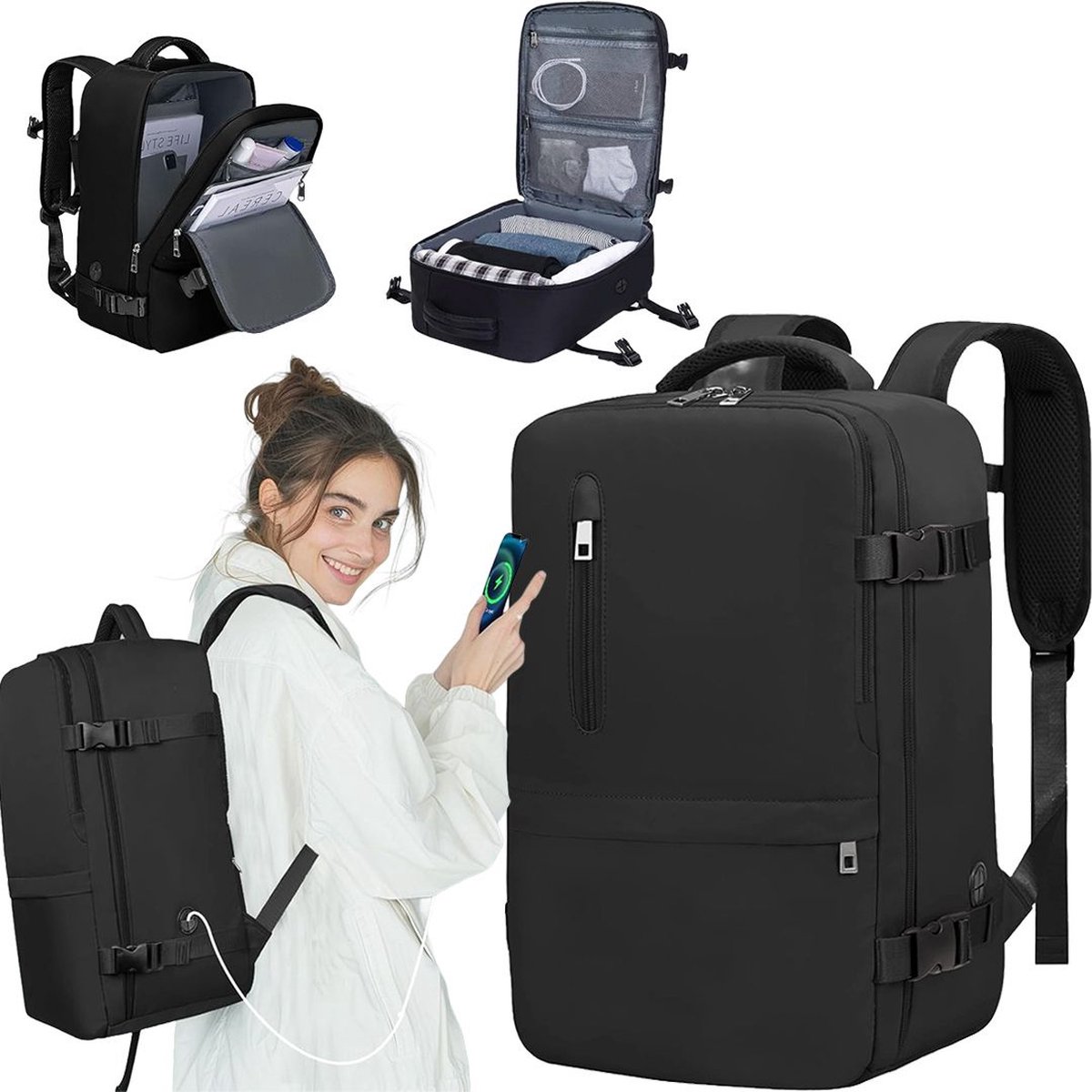 Handbagage Tas - Rugzak Dames - Schooltas Heren - Schooltassen Jongen en Meisje - Zwart