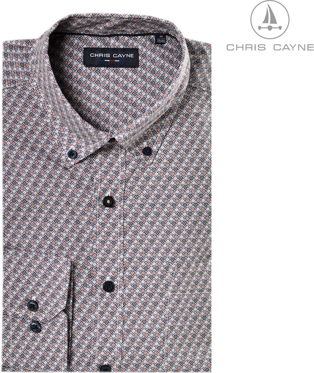 Chris Cayne heren overhemd - lange mouw - 4XL - zand/camel/donkerbruin - geprint dessin - button down kraag - borstzak - grote maten