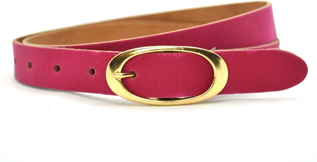 Dames riem Leer - Fuchsia roze - Ovale gouden gesp - Riemmaat 95 - Totale lengte 110 cm