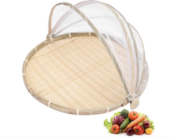 Foto: Bamboe tent mand picknickmand bamboe vliegenkap afdekhoes geweven voedsel anti vliegen insect net fruit groente dienblad mesh cover tent droog stofpan camping picknick draagbare opbergmand