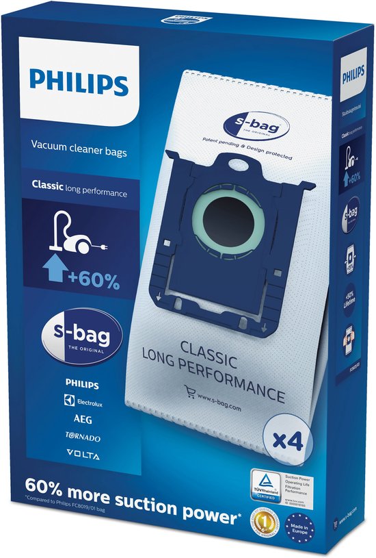 Philips S-bag stofzuigerzakken Classic long performance, 4 stuks, met 60% meer zuigkracht.