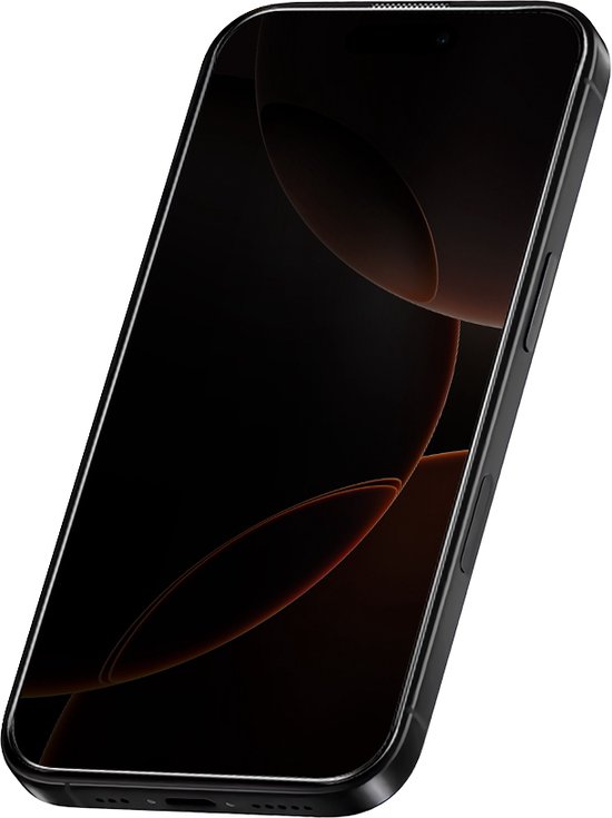 Donker getinte smartphone met een display met abstracte, oranje en bruine vormen, geplaatst op een witte achtergrond.