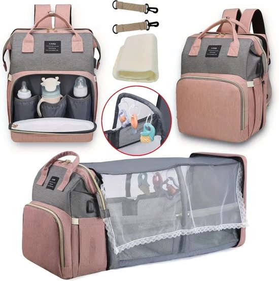 DHN Mama Tas - Draagbare Opvouwbare Wieg Bed - Reis Zwangerschapstas - Baby Rugzak - Grijs