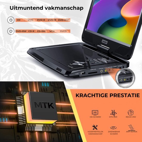 Draagbare DVD Speler - Auto - Met Scherm - Voor Onderweg - 10,5 Inch Draaibaar Scherm - Inclusief Hoofdsteun Houder - USB Aansluiting - Zwart van Thuys — afbeelding 3