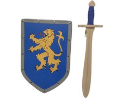 Houten struikrover zwaard en ridderschild blauw met gele leeuw ridderzwaard ridders
