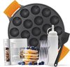 Ocina Poffertjespan Set 19 Poffertjes - Poffertjesmaker Inductie - Poffertjesplaat - Incl. Doseerfles - 6 Vorkjes en Hitte Bestendige Wanten - Gietijzeren Pan - Gratis receptenboek