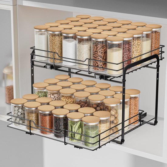 AIRUJIA Uittrekbare kastorganizer - in hoogte verstelbaar kruidenrek met 2 niveaus, zwaar metaal, keukenopbergplank voor binnenkast, L 10,6 x B 11,2 x H 9,7 cm