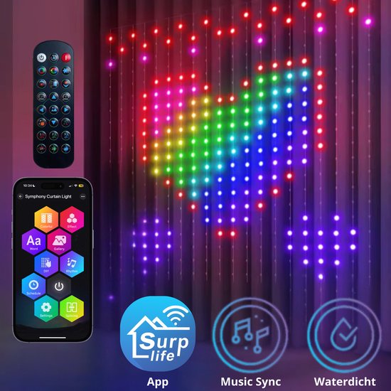 Smart lichtgordijn - 1 x 1 Meter – LED Verlichting - Voor Binnen & Buiten - App & Afstandsbediening – Incl. Ophangmateriaal