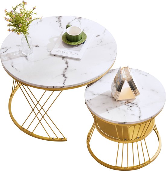 Moderne nesting salontafel hoogglans marmerpatroon set van 2 ronde salontafels ronde bijzettafel (zwart